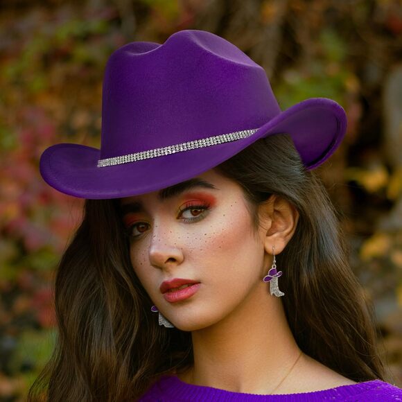 9625 Cowboy Hat Rhinestone Cowgirl Boots Earrings Set Western Earring Felt